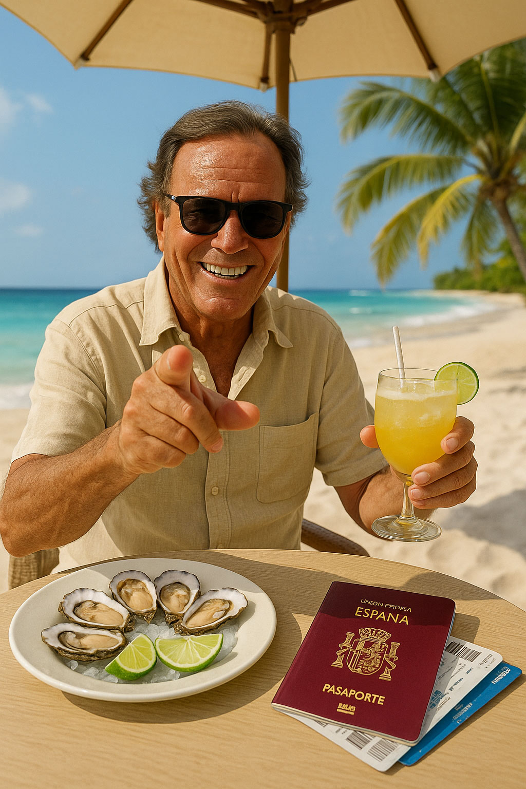 Persona disfrutando de la playa con un pasaporte español sobre la mesa
