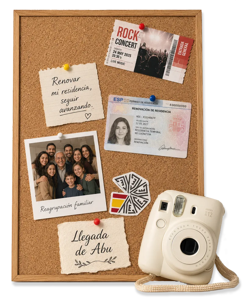 Pasaporte español junto a recuerdos de viaje y documentos