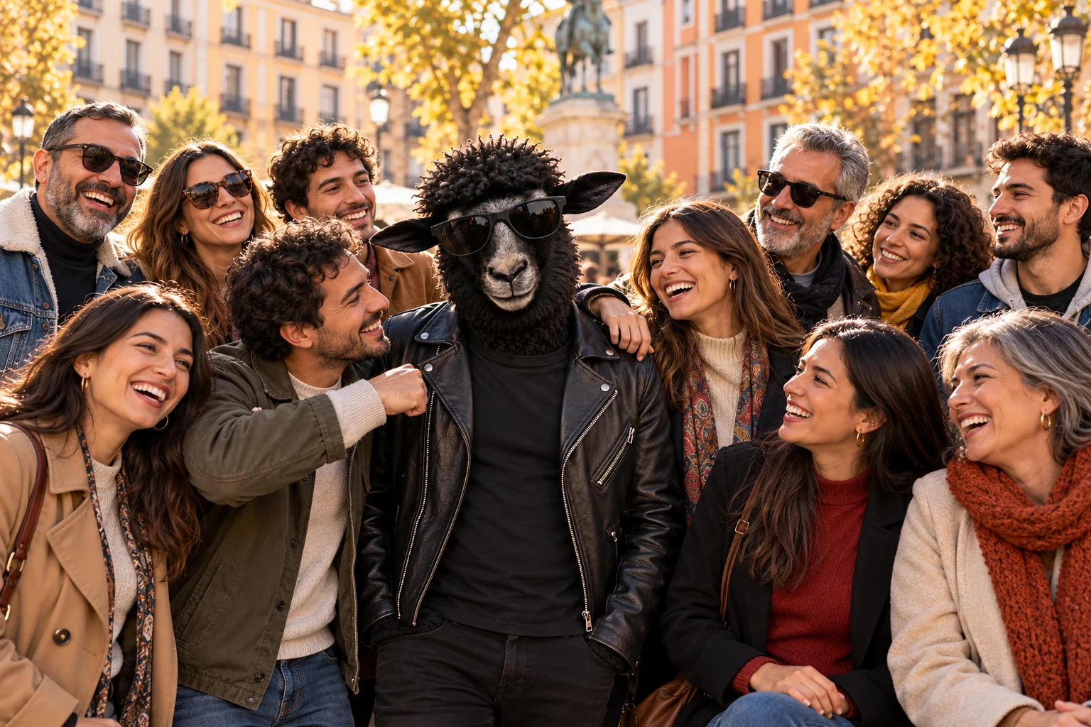 Escena de campaña: Black Sheep con gafas y chaqueta, acompañado de un grupo de amigos en una plaza de Madrid.